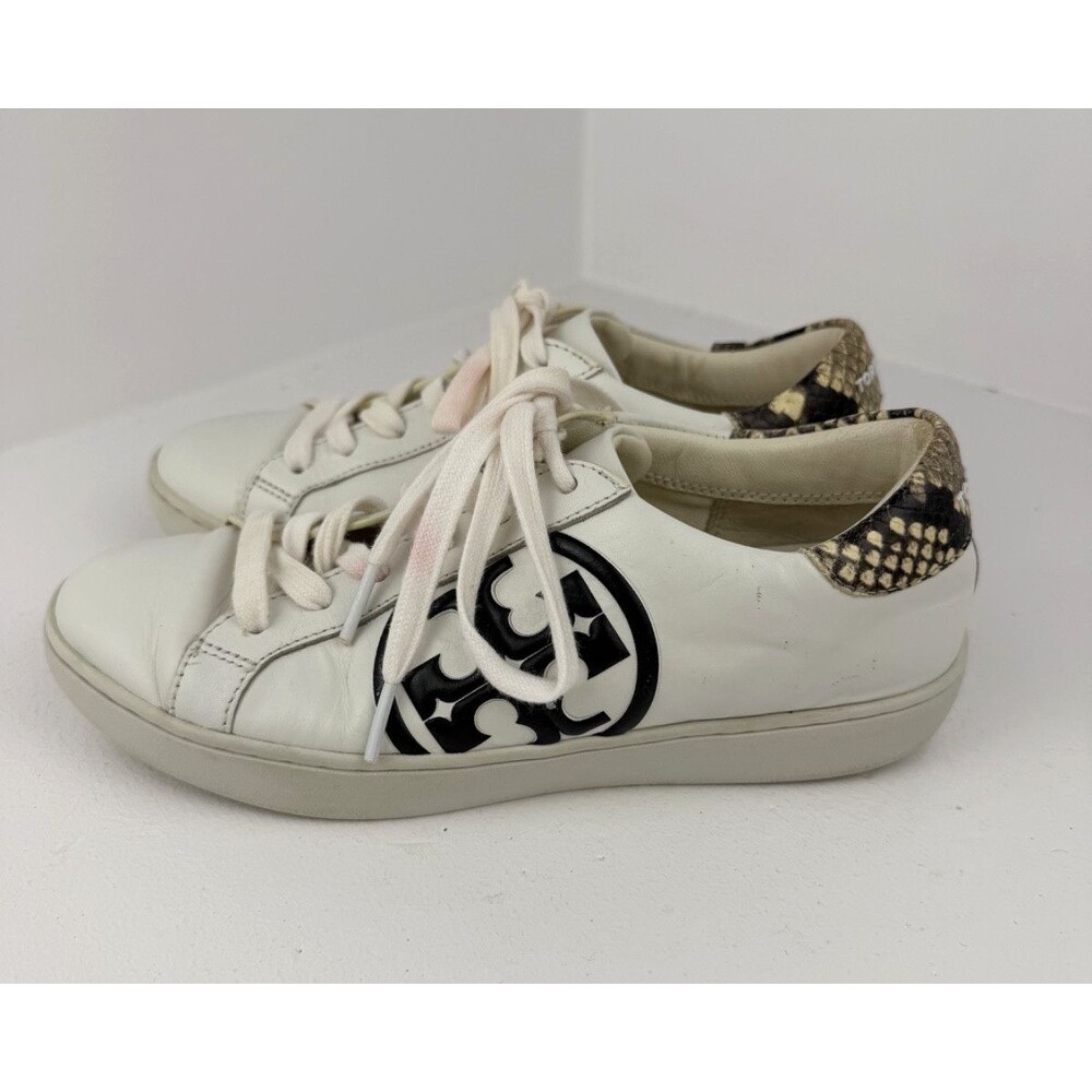 Tory Burch Womens 6.5 Leather Sneakers White Black Double T Snake Print Shoes